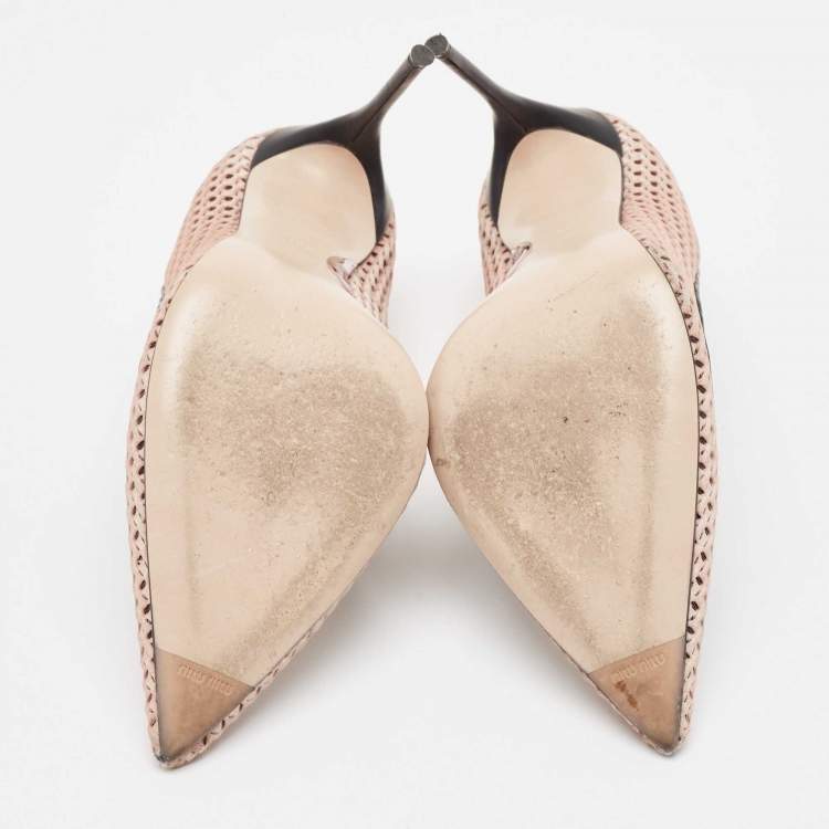 Pre Owned Miu Miu Beige Leather and Mesh Pointed Toe Pumps Size 38.5