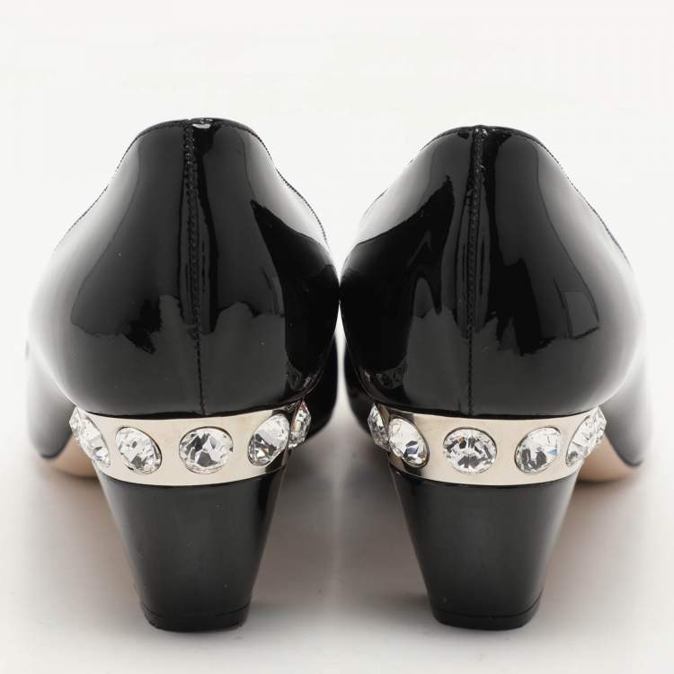Pre Owned Miu Miu Black Patent Leather Crystal Embellished Block Heel Pumps Size 38