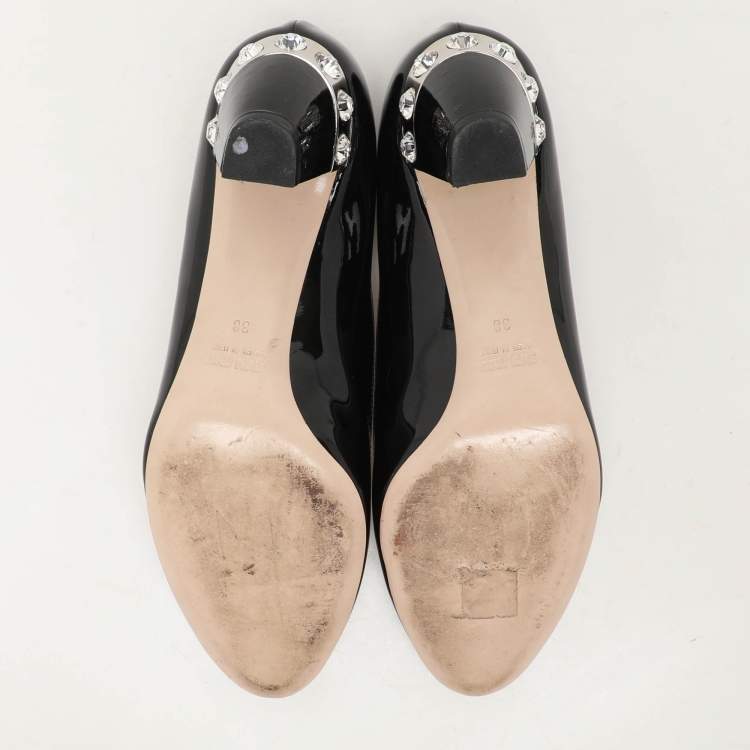 Pre Owned Miu Miu Black Patent Leather Crystal Embellished Block Heel Pumps Size 38