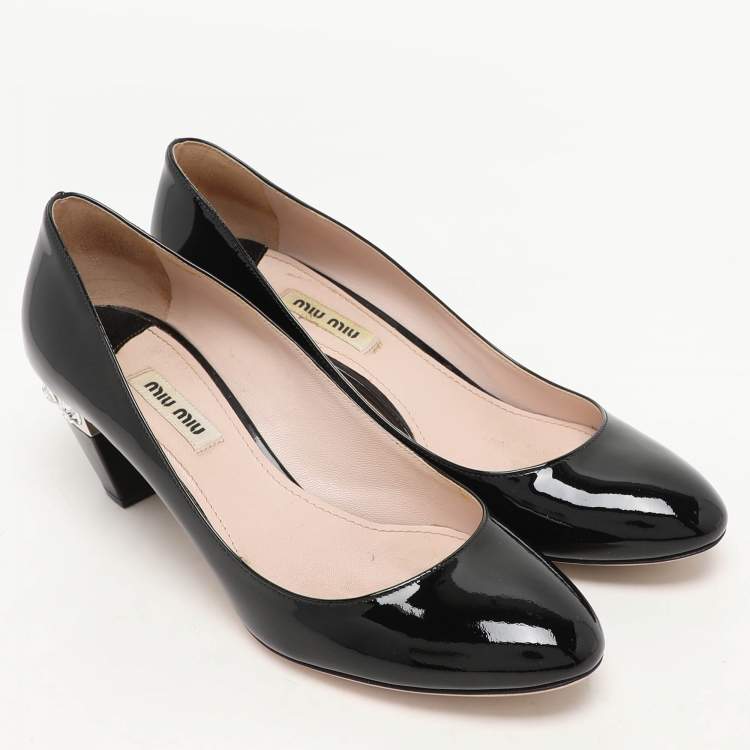 Pre Owned Miu Miu Black Patent Leather Crystal Embellished Block Heel Pumps Size 38