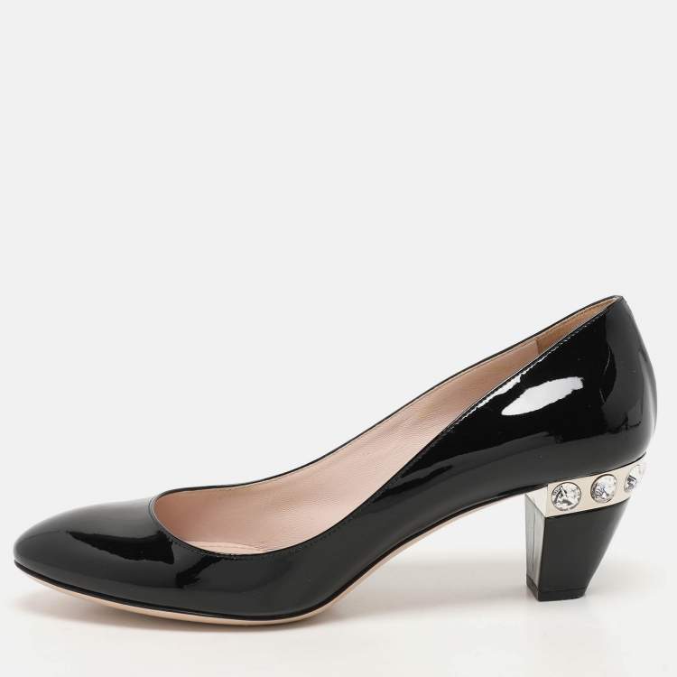 Pre Owned Miu Miu Black Patent Leather Crystal Embellished Block Heel Pumps Size 38