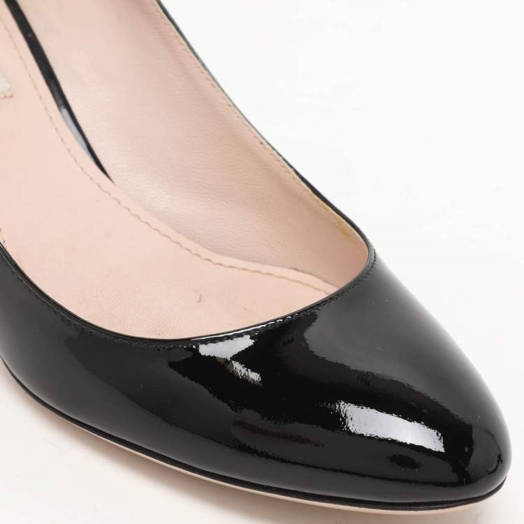 Pre Owned Miu Miu Black Patent Leather Crystal Embellished Block Heel Pumps Size 38