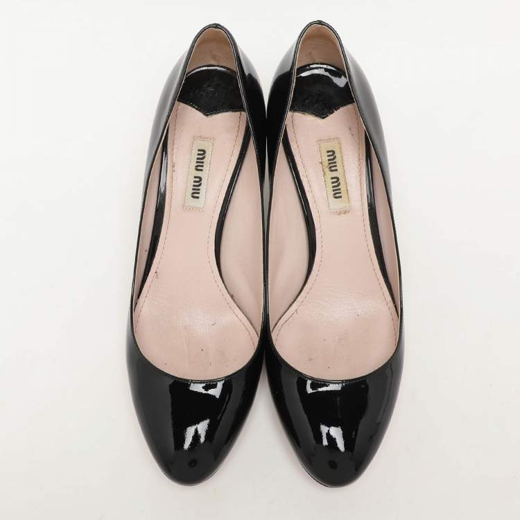 Pre Owned Miu Miu Black Patent Leather Crystal Embellished Block Heel Pumps Size 38