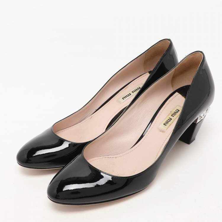 Pre Owned Miu Miu Black Patent Leather Crystal Embellished Block Heel Pumps Size 38