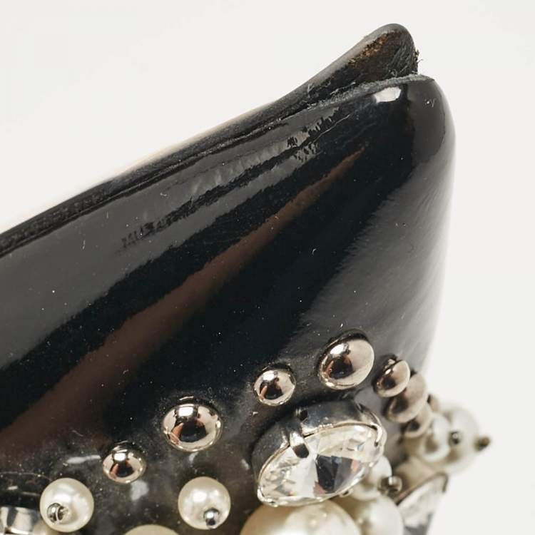 Pre Owned Miu Miu Black Patent Crystal and Pearl Embellished Pointed Toe Pumps Size 39