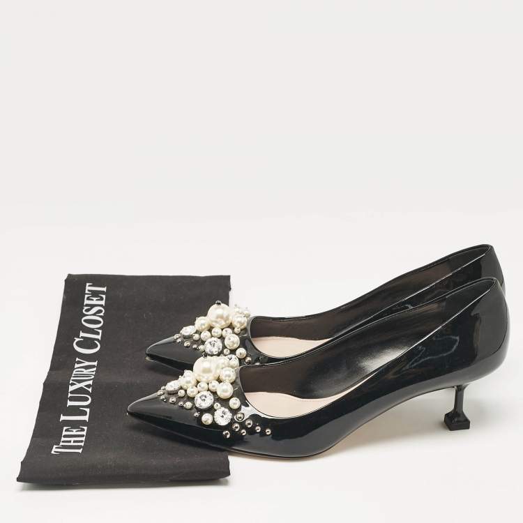 Pre Owned Miu Miu Black Patent Crystal and Pearl Embellished Pointed Toe Pumps Size 39