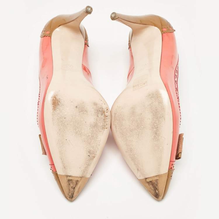 Pre Owned Miu Miu Pink/Brown Patent Leather Bow Pointed Toe Pumps Size 39.5