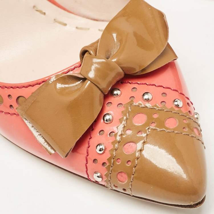 Pre Owned Miu Miu Pink/Brown Patent Leather Bow Pointed Toe Pumps Size 39.5
