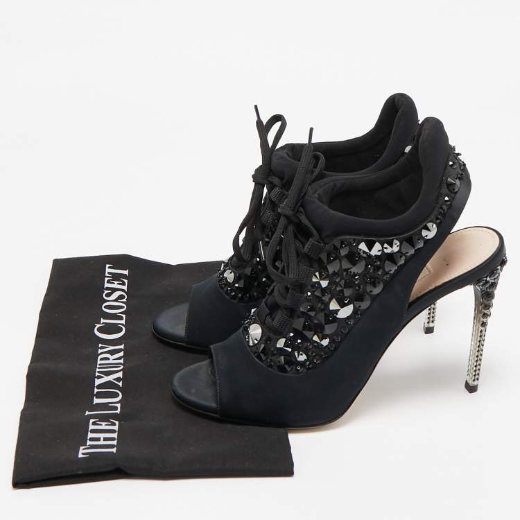 Pre Owned Miu Miu Black Satin And Fabric Crystal Embellished Slingback Sandals Size 38.5