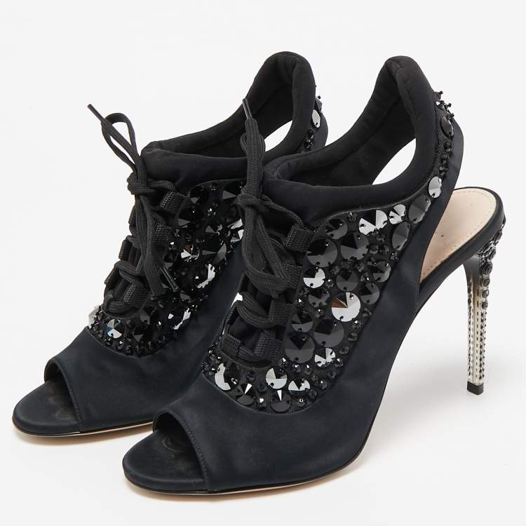 Pre Owned Miu Miu Black Satin And Fabric Crystal Embellished Slingback Sandals Size 38.5