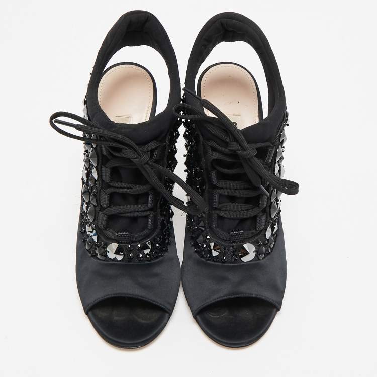 Pre Owned Miu Miu Black Satin And Fabric Crystal Embellished Slingback Sandals Size 38.5