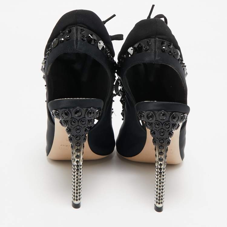 Pre Owned Miu Miu Black Satin And Fabric Crystal Embellished Slingback Sandals Size 38.5
