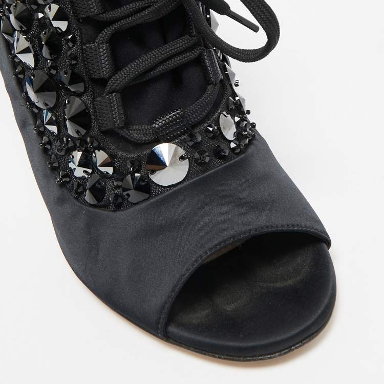 Pre Owned Miu Miu Black Satin And Fabric Crystal Embellished Slingback Sandals Size 38.5