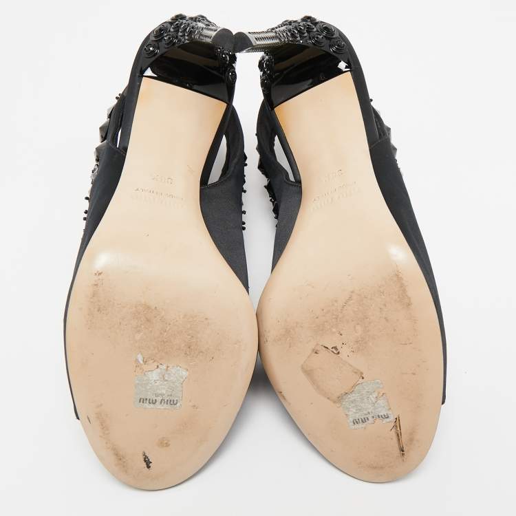Pre Owned Miu Miu Black Satin And Fabric Crystal Embellished Slingback Sandals Size 38.5