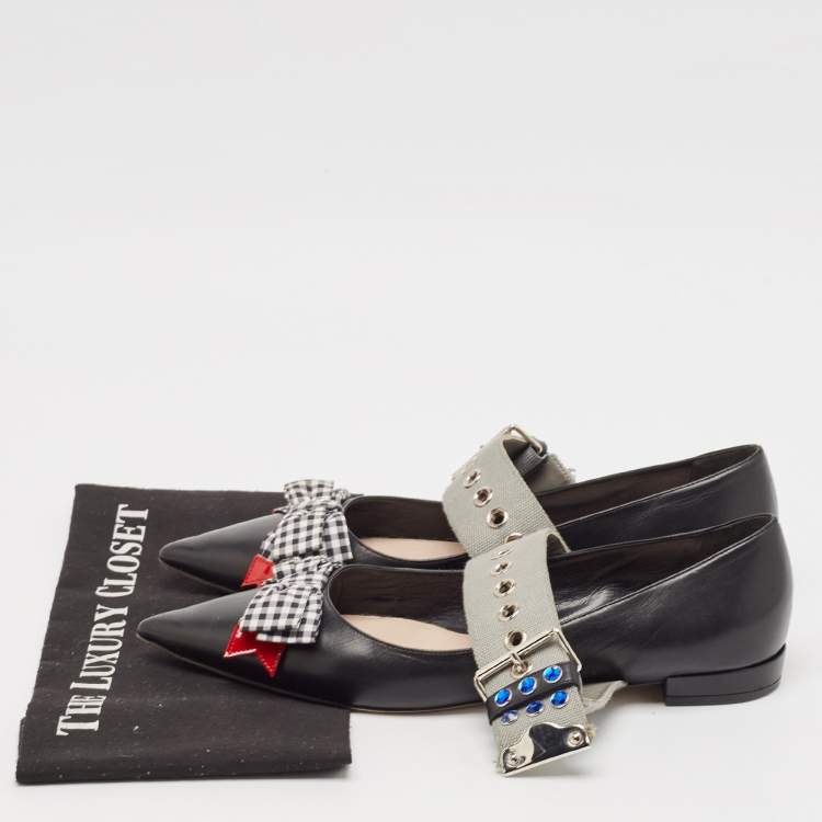 Pre Owned Miu Miu Black Leather Bow Buckle Ballet Flats Size 42