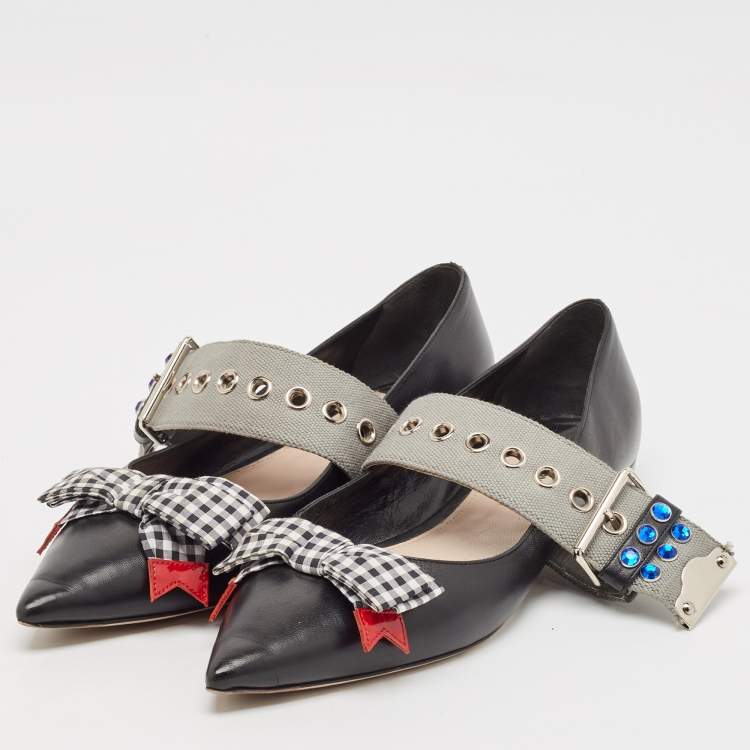 Pre Owned Miu Miu Black Leather Bow Buckle Ballet Flats Size 42