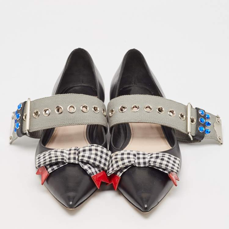 Pre Owned Miu Miu Black Leather Bow Buckle Ballet Flats Size 42