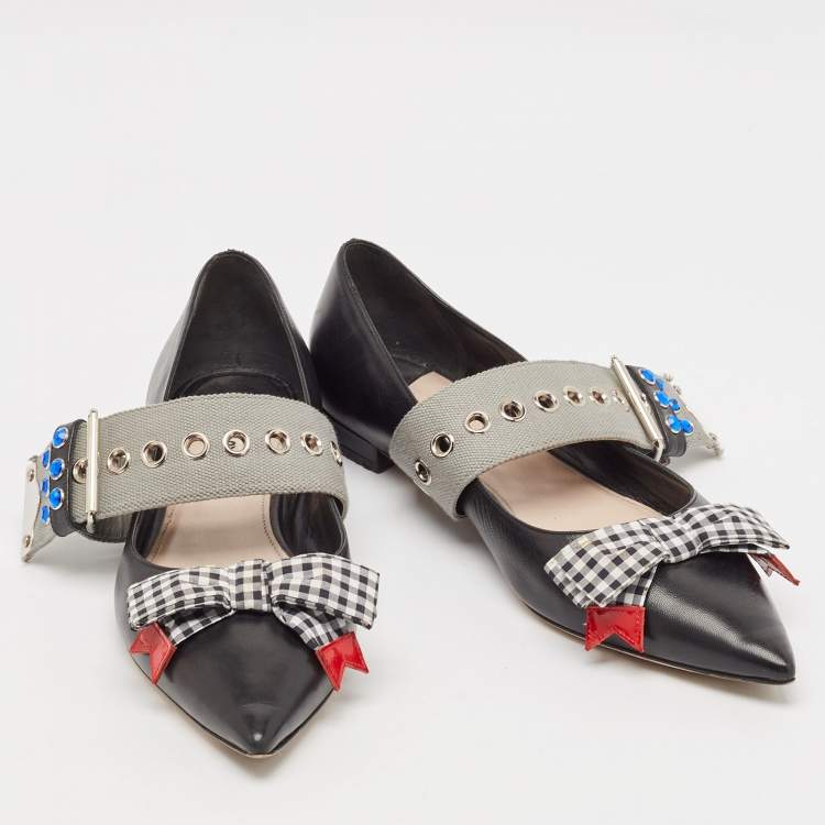 Pre Owned Miu Miu Black Leather Bow Buckle Ballet Flats Size 42