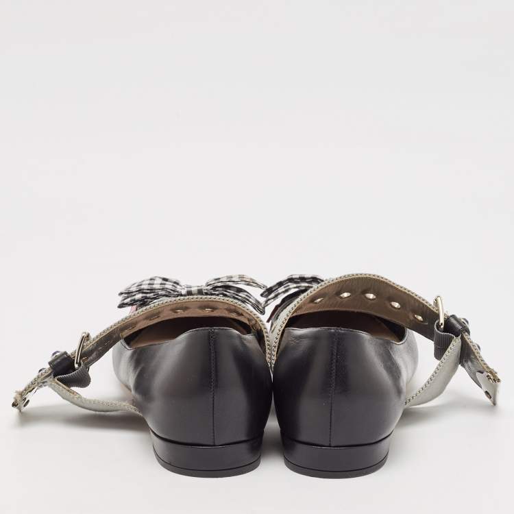 Pre Owned Miu Miu Black Leather Bow Buckle Ballet Flats Size 42