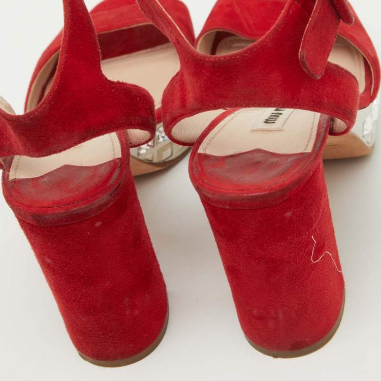 Pre Owned Miu Miu Red Suede Crystal Embellished Platform Ankle Strap Sandals Size 37.5