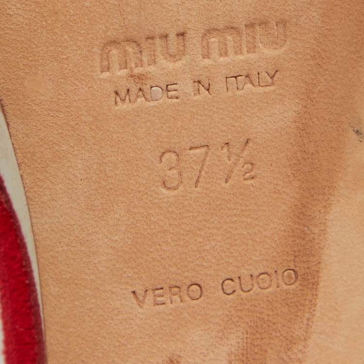Pre Owned Miu Miu Red Suede Crystal Embellished Platform Ankle Strap Sandals Size 37.5