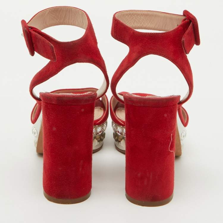 Pre Owned Miu Miu Red Suede Crystal Embellished Platform Ankle Strap Sandals Size 37.5