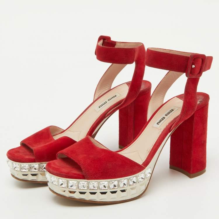 Pre Owned Miu Miu Red Suede Crystal Embellished Platform Ankle Strap Sandals Size 37.5