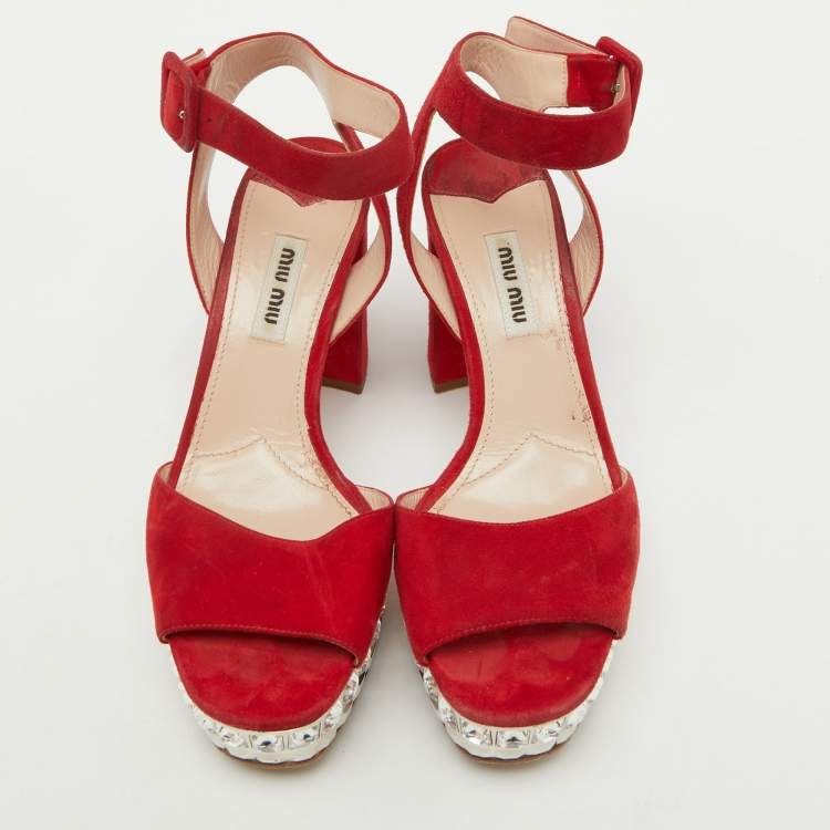 Pre Owned Miu Miu Red Suede Crystal Embellished Platform Ankle Strap Sandals Size 37.5