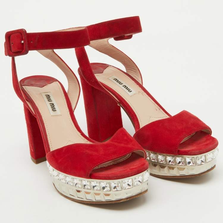 Pre Owned Miu Miu Red Suede Crystal Embellished Platform Ankle Strap Sandals Size 37.5