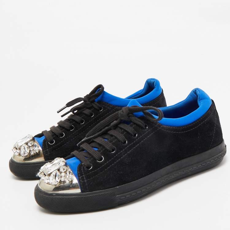 Pre Owned Miu Miu Black/Blue Suede and Fabric Crystal Cap Toe Low Top Sneakers Size 37.5
