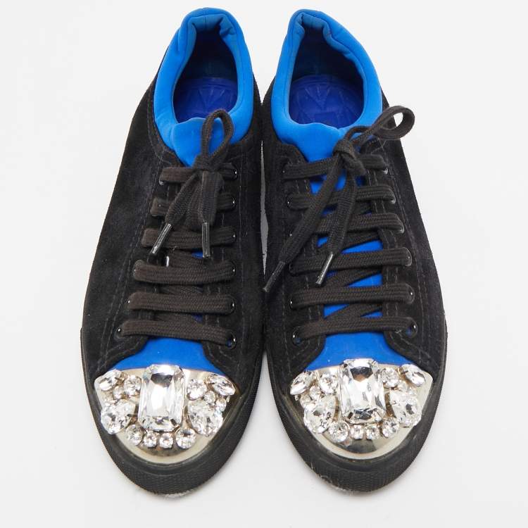 Pre Owned Miu Miu Black/Blue Suede and Fabric Crystal Cap Toe Low Top Sneakers Size 37.5