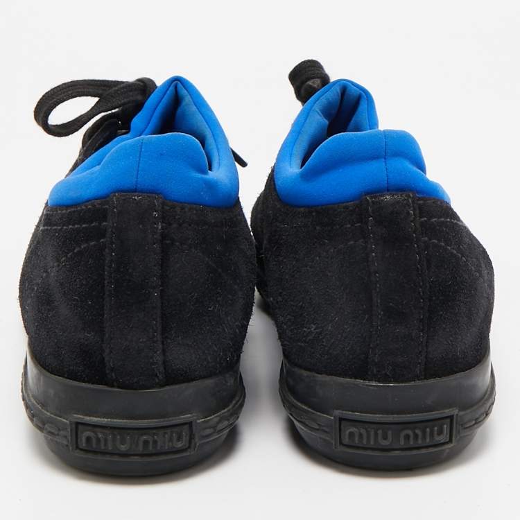 Pre Owned Miu Miu Black/Blue Suede and Fabric Crystal Cap Toe Low Top Sneakers Size 37.5