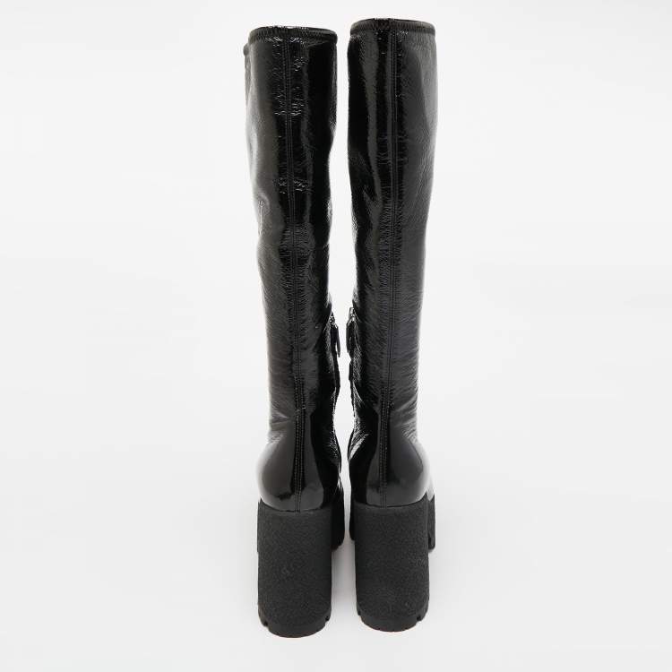 Pre Owned Miu Miu Black Patent Leather Block Heel Platform Knee Length Boots Size 39.5