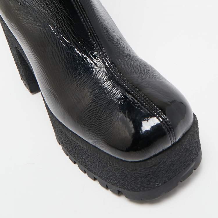 Pre Owned Miu Miu Black Patent Leather Block Heel Platform Knee Length Boots Size 39.5
