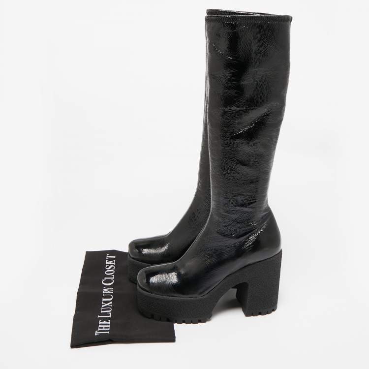 Pre Owned Miu Miu Black Patent Leather Block Heel Platform Knee Length Boots Size 39.5