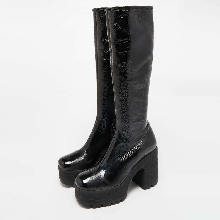 Pre Owned Miu Miu Black Patent Leather Block Heel Platform Knee Length Boots Size 39.5
