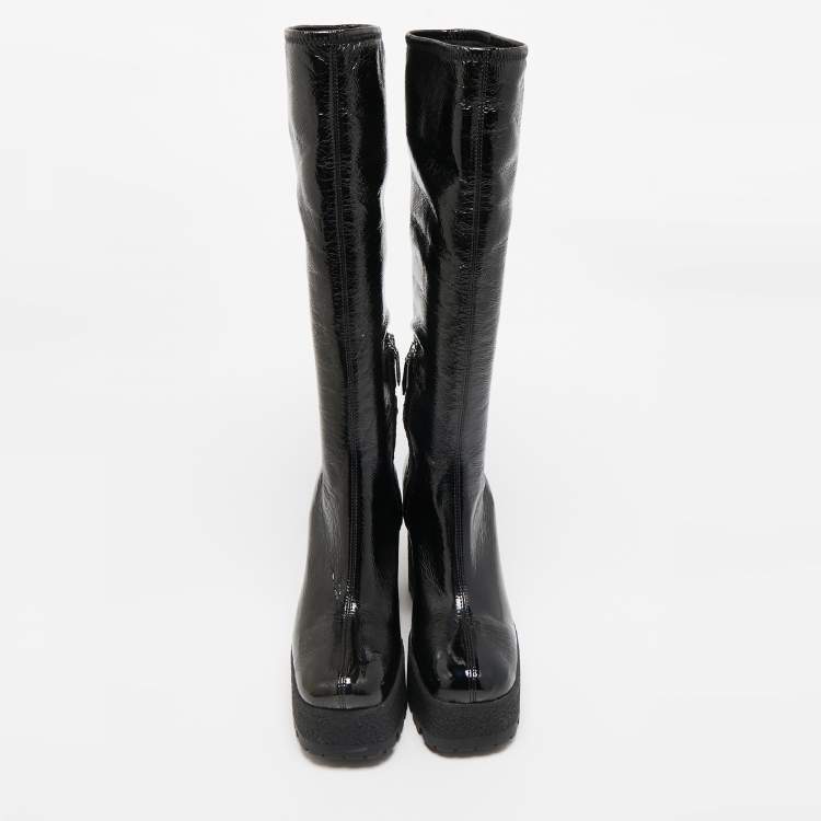 Pre Owned Miu Miu Black Patent Leather Block Heel Platform Knee Length Boots Size 39.5