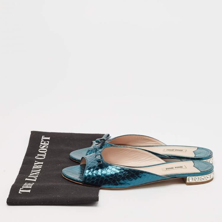 Pre Owned Miu Miu Green Python Embossed Leather Flat Slides Size 40