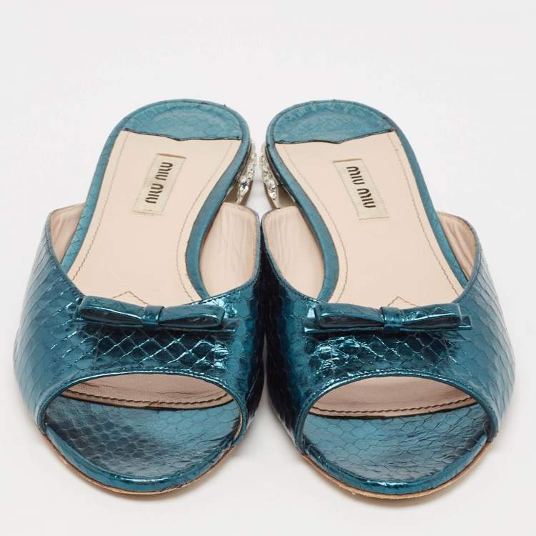 Pre Owned Miu Miu Green Python Embossed Leather Flat Slides Size 40