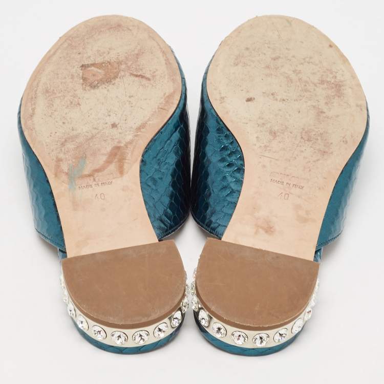 Pre Owned Miu Miu Green Python Embossed Leather Flat Slides Size 40