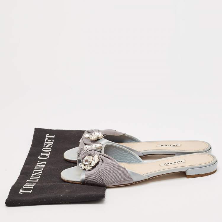 Pre Owned Miu Miu Light Blue Satin And Canvas Knot Crystal Embellished Slide Sandals Size 38