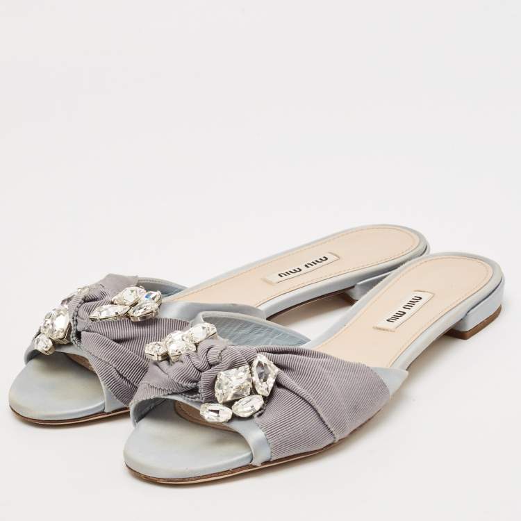 Pre Owned Miu Miu Light Blue Satin And Canvas Knot Crystal Embellished Slide Sandals Size 38