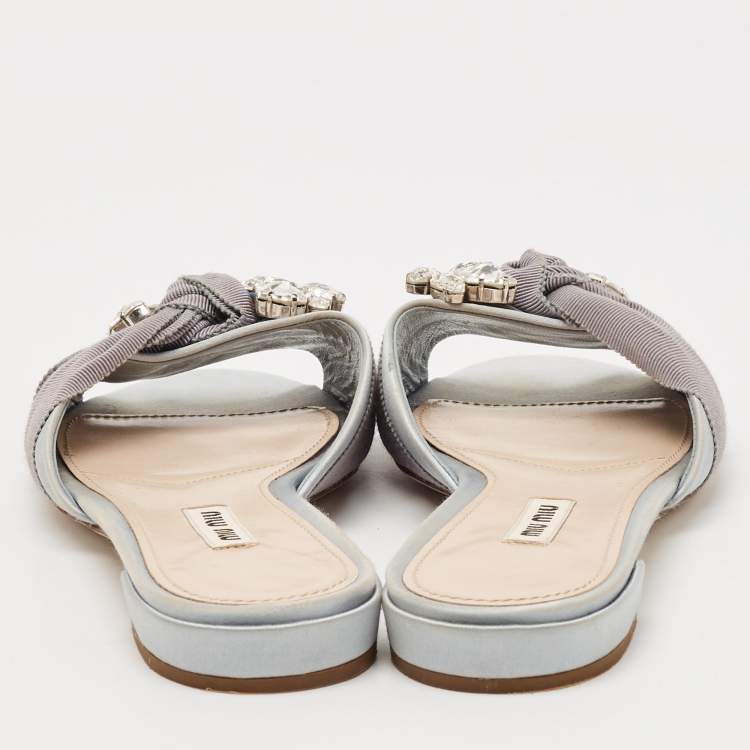 Pre Owned Miu Miu Light Blue Satin And Canvas Knot Crystal Embellished Slide Sandals Size 38