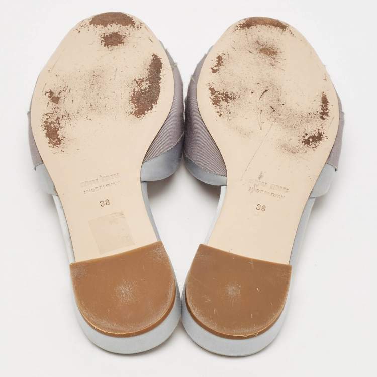 Pre Owned Miu Miu Light Blue Satin And Canvas Knot Crystal Embellished Slide Sandals Size 38
