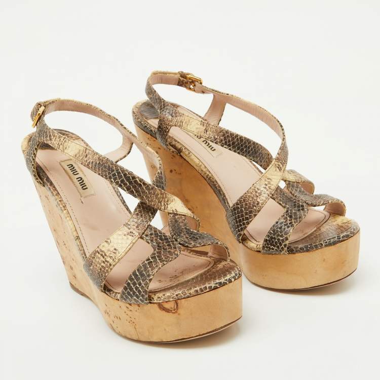 Pre Owned Miu Miu Brown/Cream Python Embossed Leather Platform Wedge Sandals Size 38