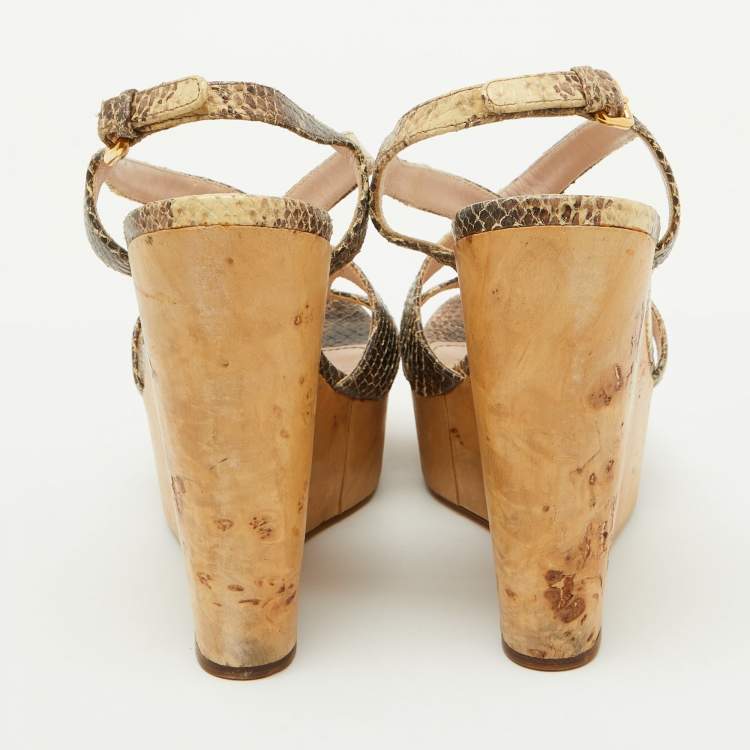 Pre Owned Miu Miu Brown/Cream Python Embossed Leather Platform Wedge Sandals Size 38