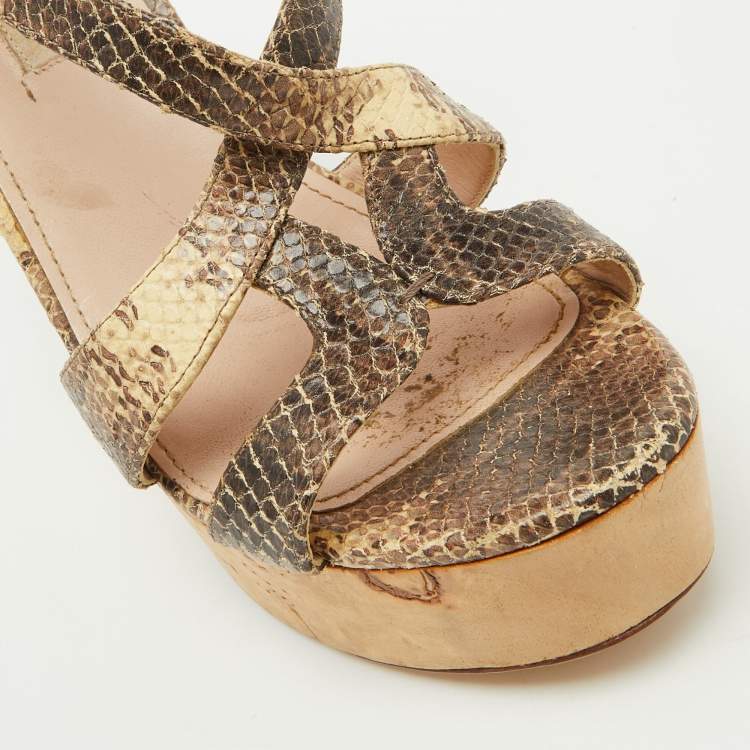 Pre Owned Miu Miu Brown/Cream Python Embossed Leather Platform Wedge Sandals Size 38