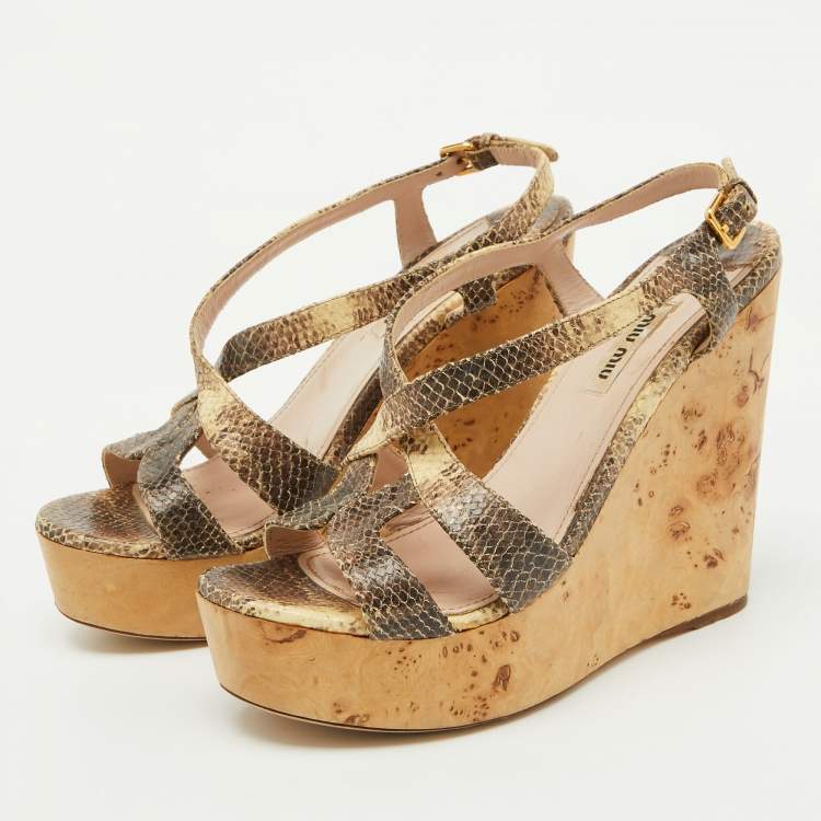 Pre Owned Miu Miu Brown/Cream Python Embossed Leather Platform Wedge Sandals Size 38