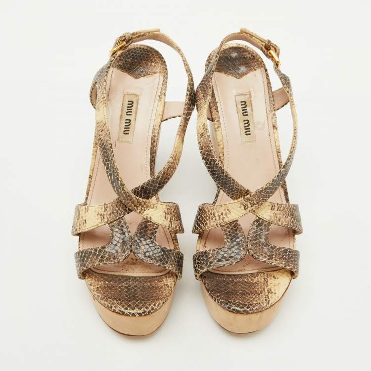 Pre Owned Miu Miu Brown/Cream Python Embossed Leather Platform Wedge Sandals Size 38
