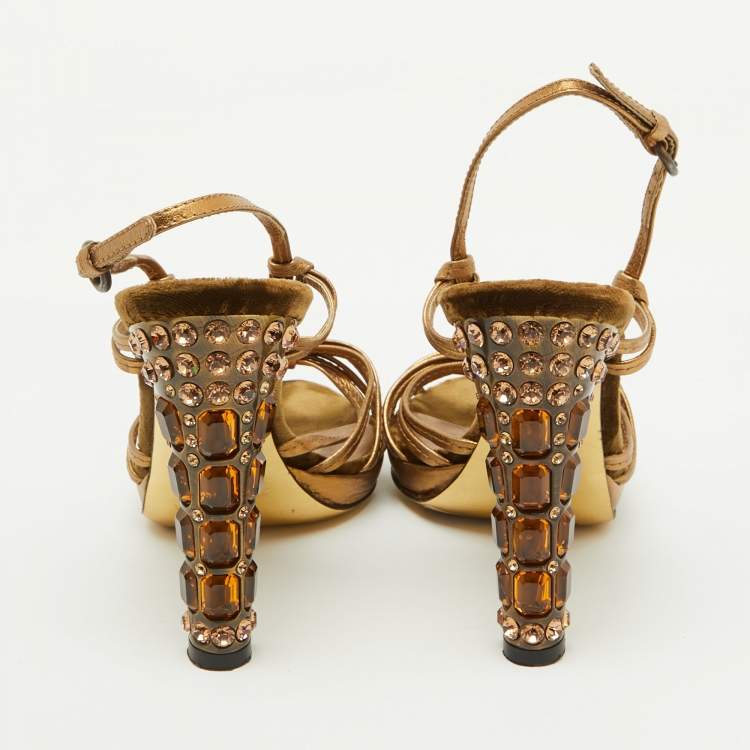 Pre Owned Miu Miu Gold Leather Crystal Embellished Heel Strappy Sandals Size 36